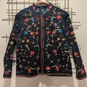 VTG BFA Classics Black Embroidered Floral Button Front Jacket‎ Women's Size L